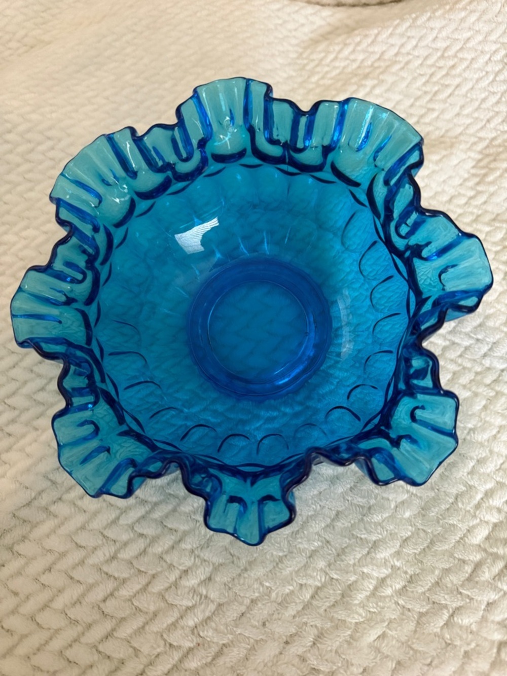 Vintage Fenton Colonial Blue Thumbprint 8" Bowl Ruffled Edge Glass